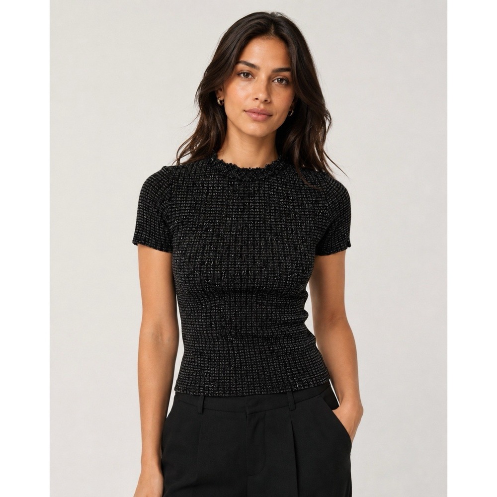 Zara Knit Top Small Gray Black Short Sleeve Stretch Y2K Preppy Chic